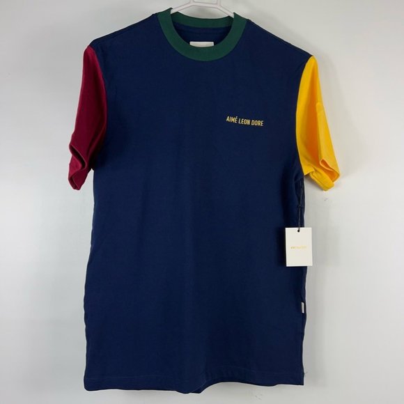 Aime Leon Dore Mens Jersey Colourblock Tee T-Shirt Blue Red Logo S New - Picture 2 of 12